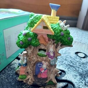 Whimsical Bunny Treehouse Figurine